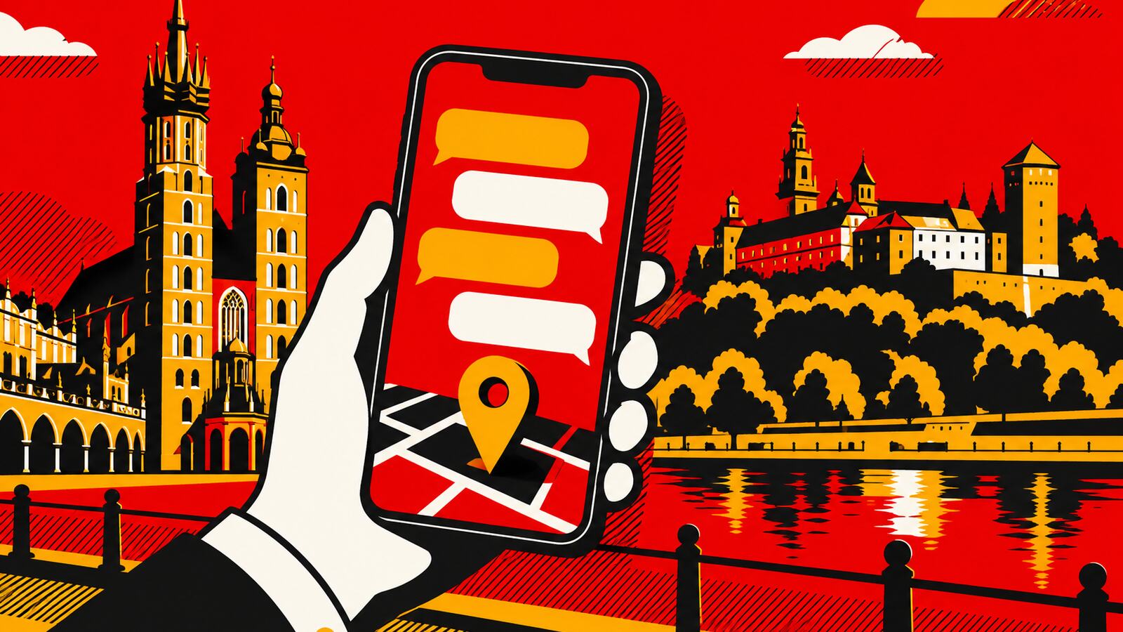 Рука тримає смартфон із порожніми чат-бульбашками та маркером мапи на тлі Маріацького костелу, Сукенниць і Вавеля над Віслою.